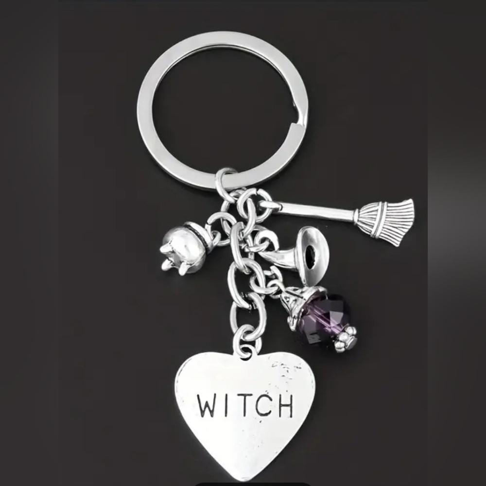 Witch heart broom cauldron witch hat gem Keychain
